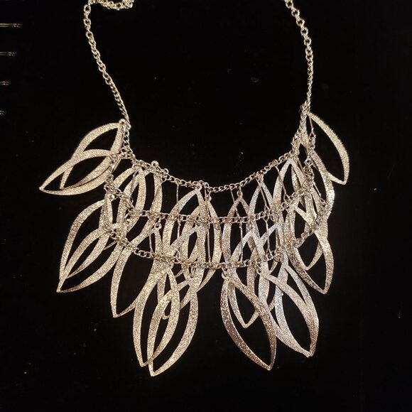 Triple Layered Brushed Silver Tone Feather Bib Necklace - Picture 6 of 13